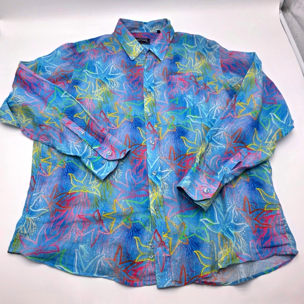 Michaels Mens Blue 100% Linen Abstract Starfish Print‎ Long Sleeve Shirt Large